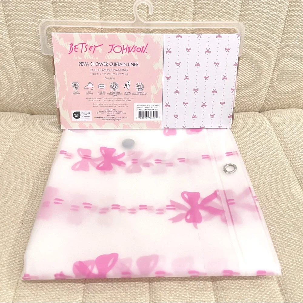 NEW Betsey Johnson Pink Ribbon Pinstripe‎ PEVA Shower Curtain Liner 70x72